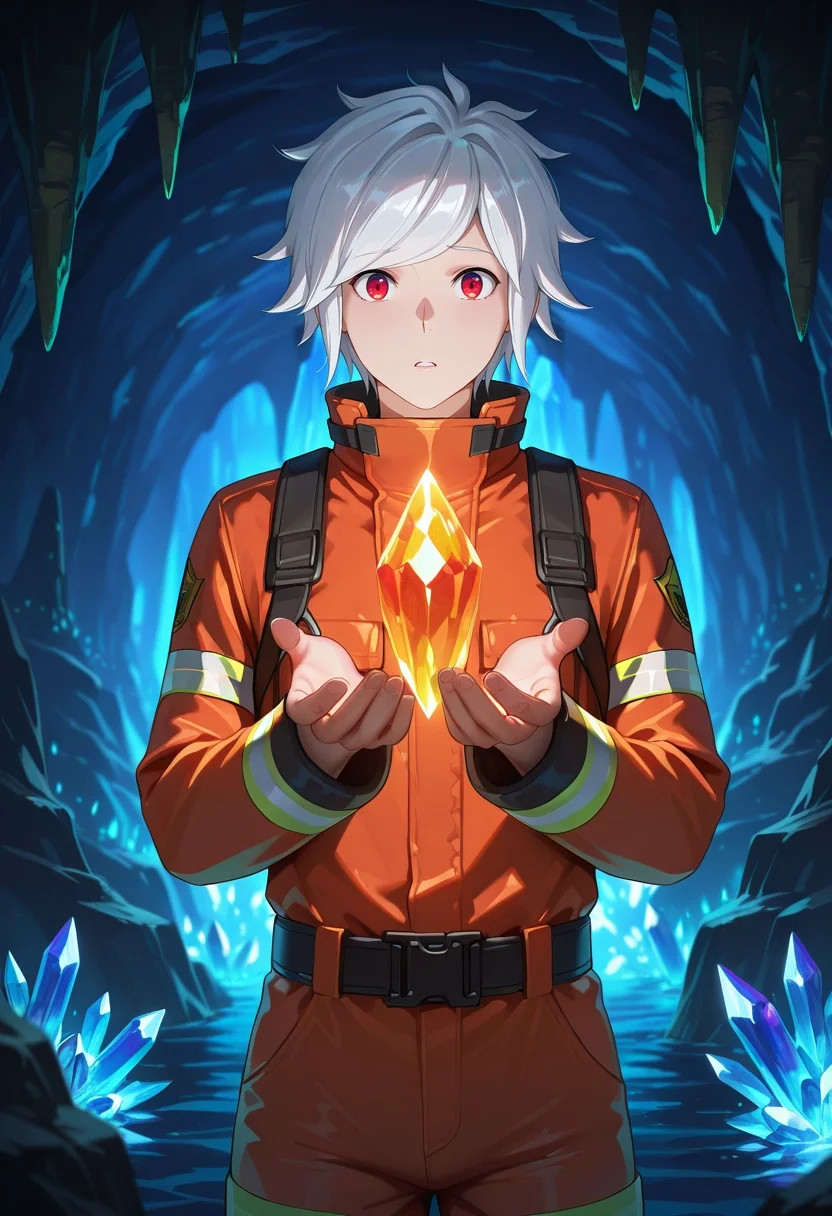 masterpiece, best quality, , (realistic:0.6), looking at viewer, 1boy, solo, male focus, <lora:bell_cranel_ilxl:0.9>, bell_cranel, white hair, red eyes, short hair, crystal cavern, glowing crystals, underground river, stalagmites, touching crystal, fascinated expression, cave lighting, firefighter costume