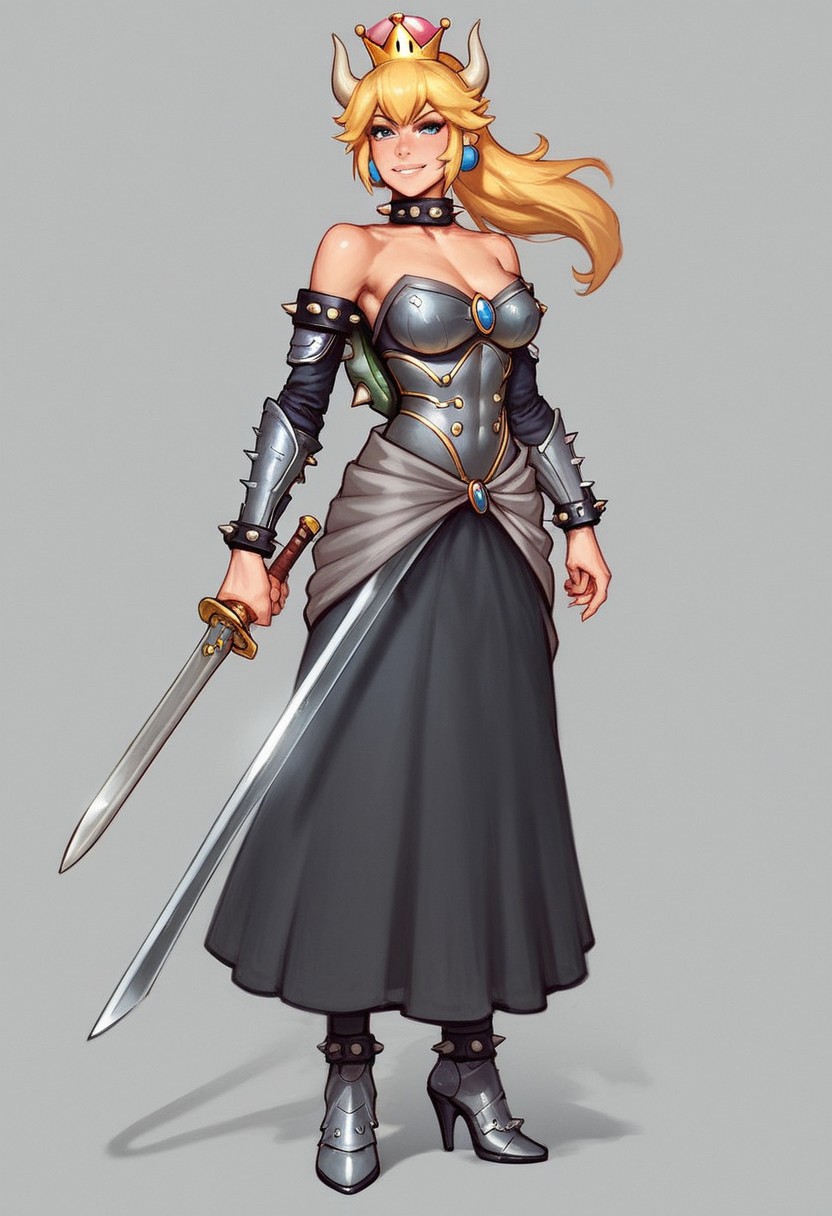 Beauty Bowsette from Super Mario, pale skin, slim stomach, long hair, ultra detailed beauty faces, full body, action pose, big brightness blue eyes,
(((full-clothed medieval spikes armor))), ((long sword in hands, steel sword in hands)), medieval style
BREAK 
strange world background score_9, score_8_up, score_7_up, score_6_up, source_cartoon, rating_explicit, Expressiveh, (((portrait, close up))), dynamic pose
