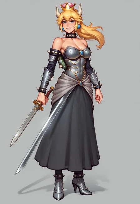 Beauty Bowsette from Super Mario, pale skin, slim stomach, long hair, ultra detailed beauty faces, full body, action pose, big brightness blue eyes,
(((full-clothed medieval spikes armor))), ((long sword in hands, steel sword in hands)), medieval style
BREAK
strange world background score_9, score_8_up, score_7_up, score_6_up, source_cartoon, rating_explicit, Expressiveh, (((portrait, close up))), dynamic pose