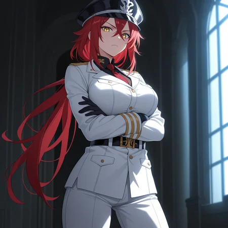 masterpiece, best quality, amazing quality, anime screencap, 1girl, solo, standing, cowboy shot, looking at viewer, serious, crossed arms, <lora:CaterinaHSR:0.9>, CaterinaHSR, red hair, long hair, yellow eyes, large breasts, toned female, military uniform, black hat, gloves,