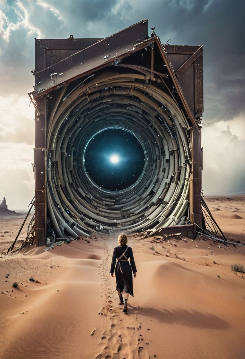 Dutch Angle, Action Shot Closeup Portrait, low key toned, bleaked colors, soft shadows, Color-grain photo of a woman with cyborg face partly destructed and cables wires and screws Walking through a vast desolate desert Landscape with to a giant otclillsn black escher door amidst a pellet storm, thein interiour swirling like a spiral staircase into heaven, veiled in a DARK robe resembling a jedi, very detailed, fluffy cloudy Sky, atmospheric haze, Film grain, cinematic film still, shallow depth of field, highly detailed, high budget, cinemascope, moody, epic,