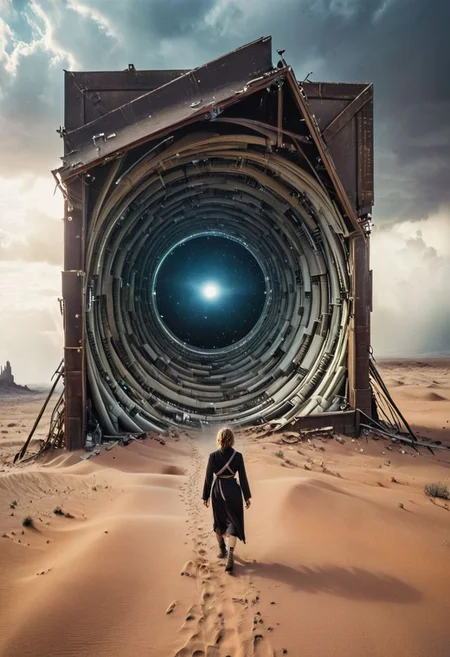 Dutch Angle, Action Shot Closeup Portrait, low key toned, bleaked colors, soft shadows, Color-grain photo of a woman with cyborg face partly destructed and cables wires and screws Walking through a vast desolate desert Landscape with to a giant otclillsn black escher door amidst a pellet storm, thein interiour swirling like a spiral staircase into heaven, veiled in a DARK robe resembling a jedi, very detailed, fluffy cloudy Sky, atmospheric haze, Film grain, cinematic film still, shallow depth of field, highly detailed, high budget, cinemascope, moody, epic,
