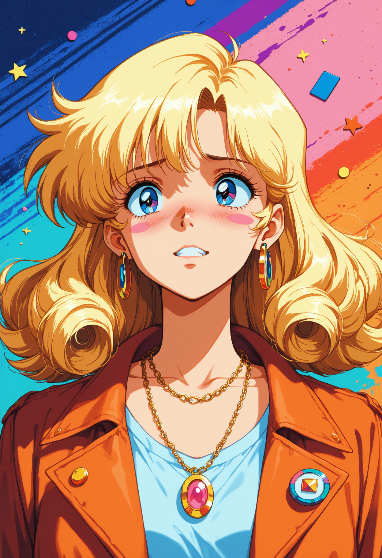 score_9,score_8_up,score_7_up, source_anime, modernretroanime,  1girl, solo, vibrant, playful, portrait, whimsical, young, woman, short, curly, blue, hair, gradient, navy, pastel, expressive, eyes, bold, lashes, subtle, blush, charm, innocence, bright, oversized, jacket, eclectic, colorful, patterns, abstract, shapes, doodles, retro, graphics, accessories, gold, hoop, earrings, delicate, necklace, sophistication, quirky, background, collage, stickers, vintage, pop-art, lighting, bright, even, bold, intricate, cheerful, upbeat, art, style, classic, anime, linework, modern, experimental, designs, focusing, exaggerated, proportions, color, palette