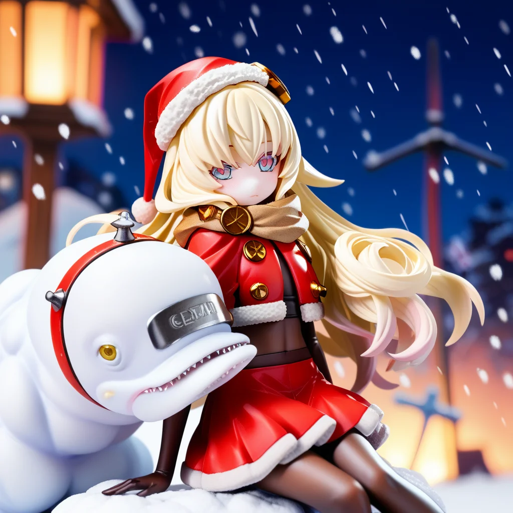 score_9, score_8_up, score_7_up, source anime, warg, 1girl, long hair, blonde hair, pantyhose, hat, scarf, gloves, santa costume, snow, solo, looking at viewer, snowing, christmas, elbow gloves, santa hat, black gloves, blush, black pantyhose, very long hair, collar, sitting, hair ornament, two tone eyes, red cropped jacket, red skirt, white dolphin, <lora:warg-xl-pony-v1-000005:1>,