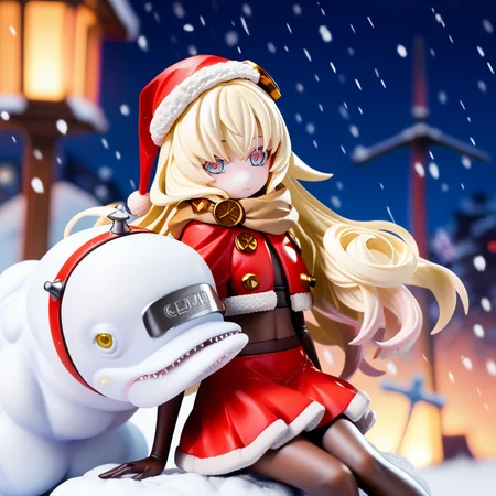 score_9, score_8_up, score_7_up, source anime, warg, 1girl, long hair, blonde hair, pantyhose, hat, scarf, gloves, santa costume, snow, solo, looking at viewer, snowing, christmas, elbow gloves, santa hat, black gloves, blush, black pantyhose, very long hair, collar, sitting, hair ornament, two tone eyes, red cropped jacket, red skirt, white dolphin, <lora:warg-xl-pony-v1-000005:1>,