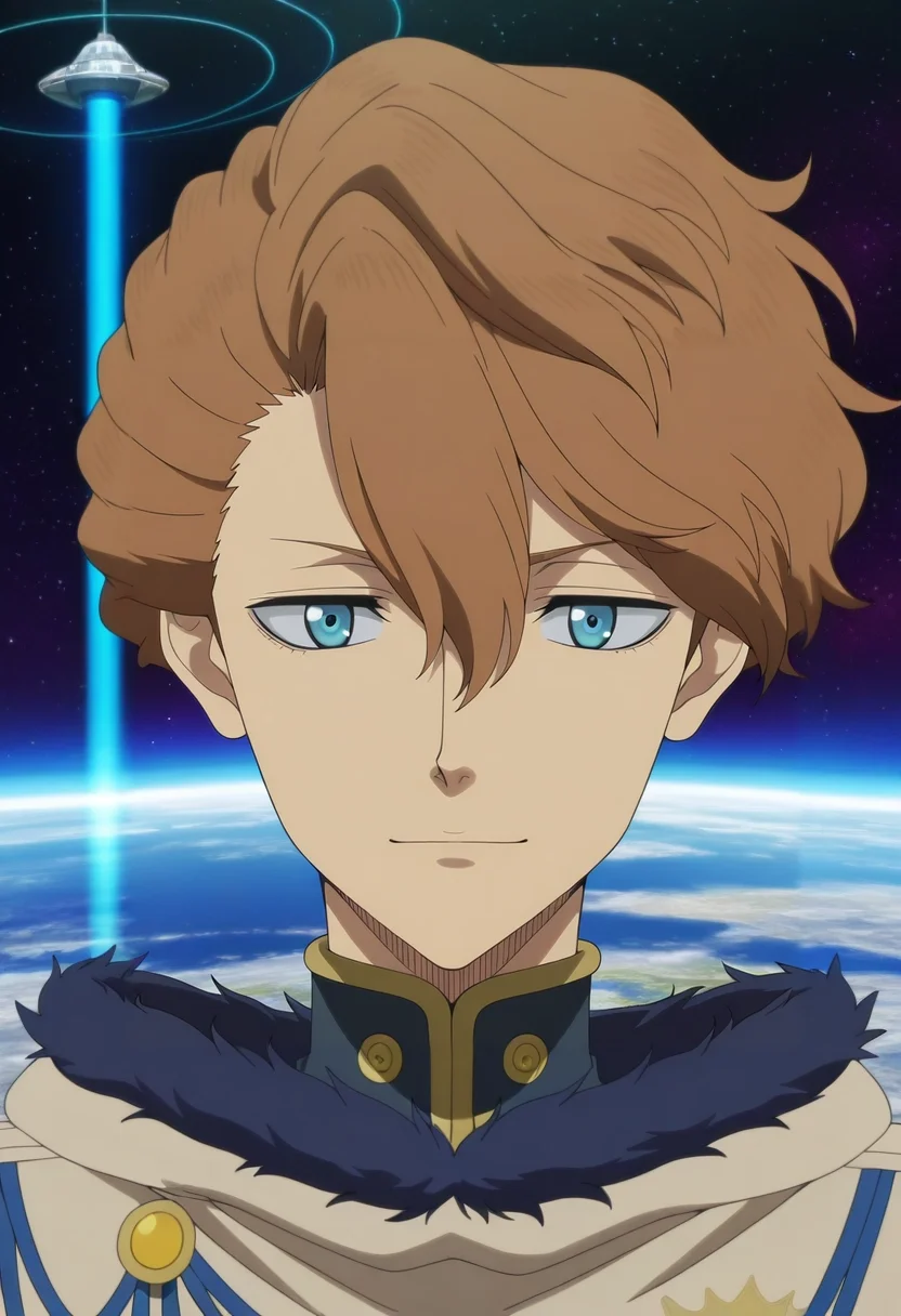 masterpiece, best quality, intricate details, anime screencap, anime coloring, official style, , 1boy, solo, male focus, <lora:langris_vaude_ilxl:1>, langris_vaude, brown hair, blue eyes, short hair, hair between eyes, , space elevator, earth view, star field, glass walls, floating pose, peaceful expression, space lighting, gangster costume