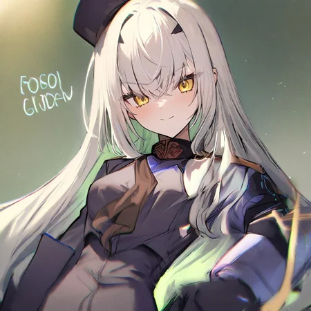 1girl, Melusine \(fate grand order\), fate grand order, solo, long hair, hat, white hair, ears, yellow eyes, peaked cap, jacket, black gloves, hand on own hip, closed mouth, hair over one eye, looking at viewer, brown necktie, large breasts, eyes visible through hair, smile, long sleeves, gloves, upper body, light green hair, character name, necktie, breasts, english text, blush, black headwear, white jacket, 
masterpiece,best quality,  newest, absurdres, safe <lora:ag31_twin_fp8-000036:1>