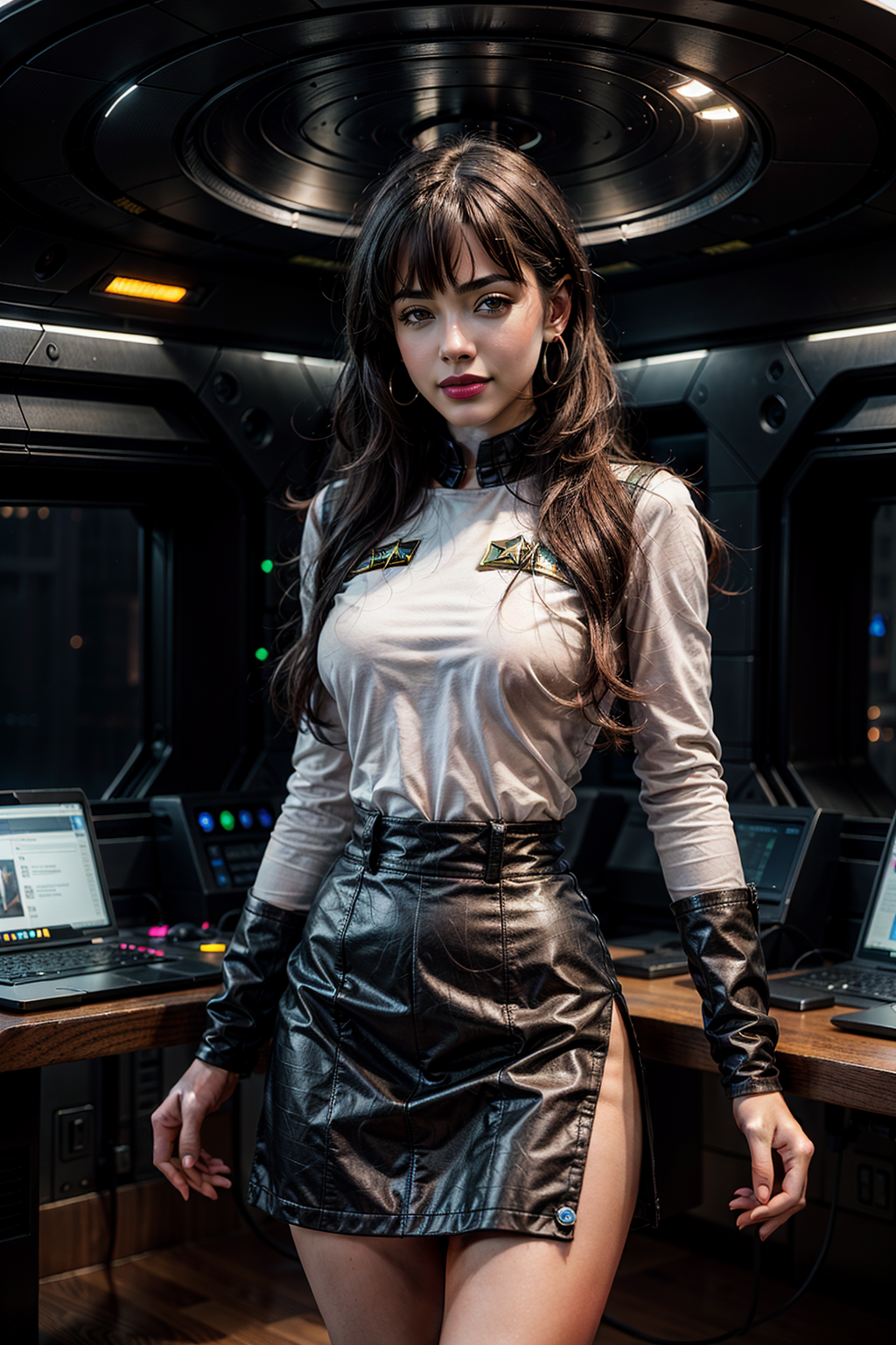 Character: A beautiful woman, arrogant and alluring, her features are lit by the glow of computer screens, Attire: Black and white starfleet uniform which ends in a skirt,  Accessories: Planet earrings and a watch, Hair and Makeup: Long black wavy hair with short bangs, Presence: Standing in the center of a Starship bridge commanding attention. <lora:add_detail:1> <lora:epiCRealismHelper:1> <lora:picxer_real:1>