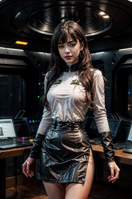 Character: A beautiful woman, arrogant and alluring, her features are lit by the glow of computer screens, Attire: Black and white starfleet uniform which ends in a skirt,  Accessories: Planet earrings and a watch, Hair and Makeup: Long black wavy hair with short bangs, Presence: Standing in the center of a Starship bridge commanding attention. <lora:add_detail:1> <lora:epiCRealismHelper:1> <lora:picxer_real:1>