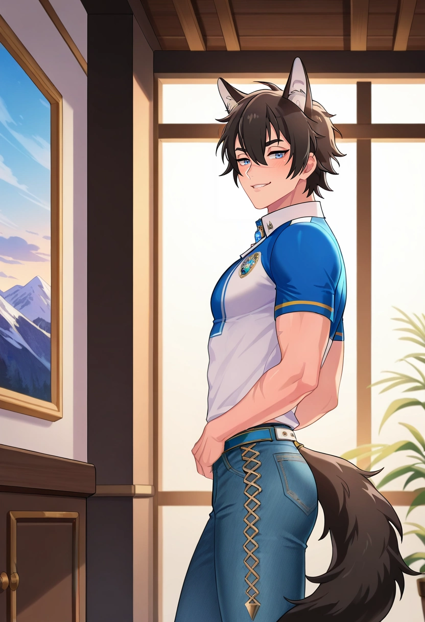 masterpiece, best quality, intricate details, , , , 1boy, solo, male focus, <lora:garu_nu_carnival_ilxl:0.98>, garu_nu_carnival, black hair, blue eyes, short hair, animal ears, scar, hair between eyes, , wolf boy, wolf ears, tail, from side, mountain, indoors, standing, smirk, Mosaic Wool Magenta Denim joggers, Rugby polo, Chelseas, ,