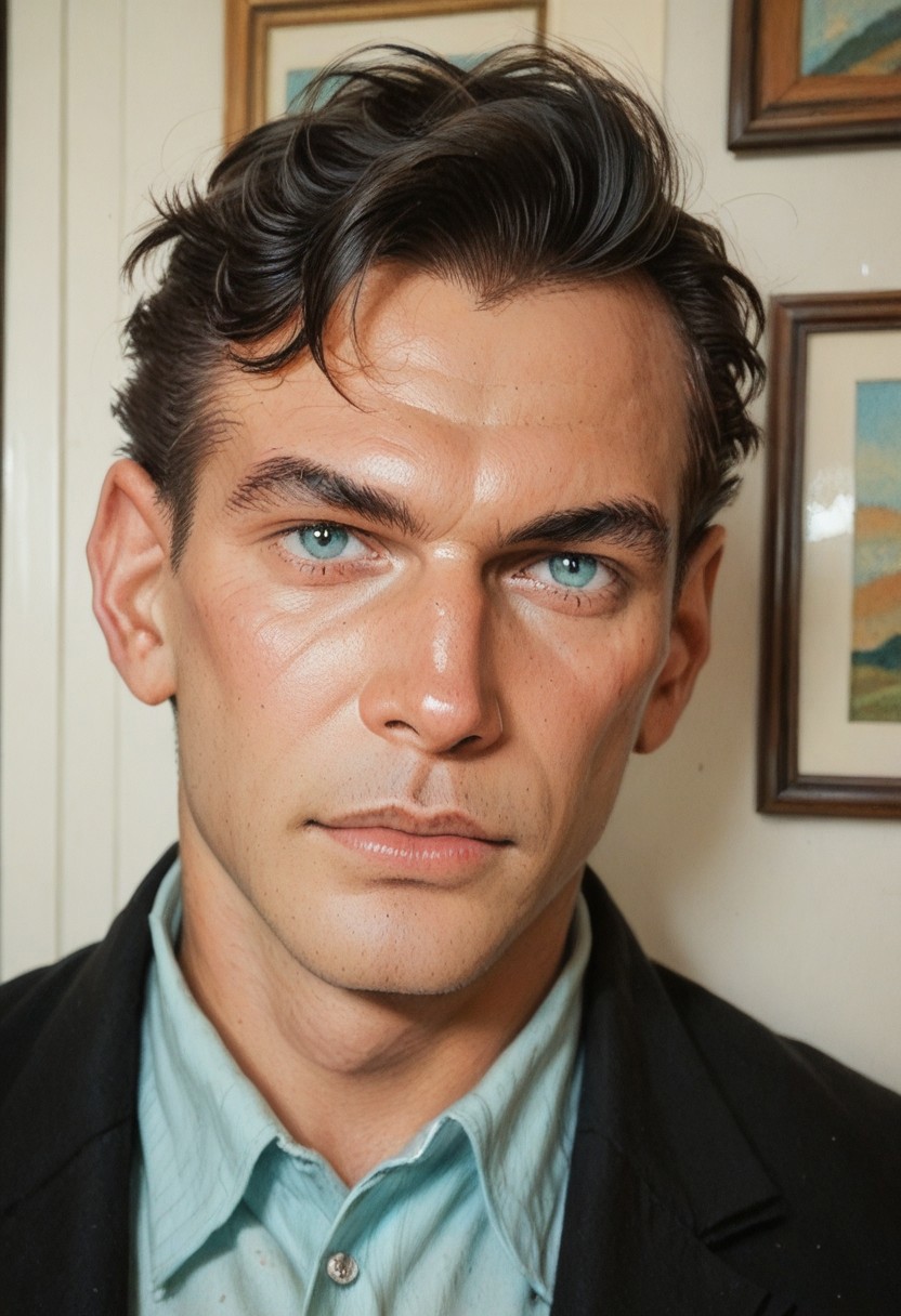 score_8, score_8_up, score_7_up,  traditional media, 1boy, male focus, solo, DE007, black hair, asymmetrical hair, aqua eyes, portrait, collared shirt, black jacket, indoors,