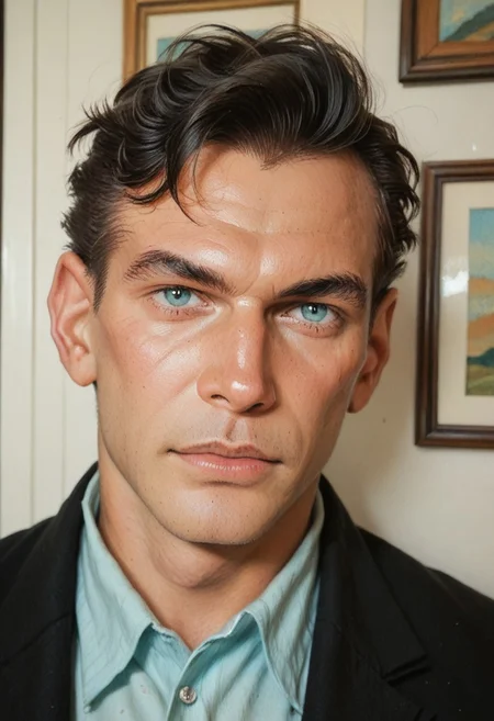 score_8, score_8_up, score_7_up, traditional media, 1boy, male focus, solo, DE007, black hair, asymmetrical hair, aqua eyes, portrait, collared shirt, black jacket, indoors,
