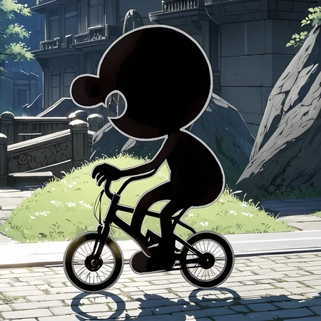 mrgameandwatch, black silhouette, white outline, riding bike, <lora:MrGameAndWatch-000020:0.9> , (anime, masterpiece, intricate:1.3), (best quality, hires textures, high detail:1.2), (4k),(incredibly detailed:1.4),UHD, 8K, ultra detailed