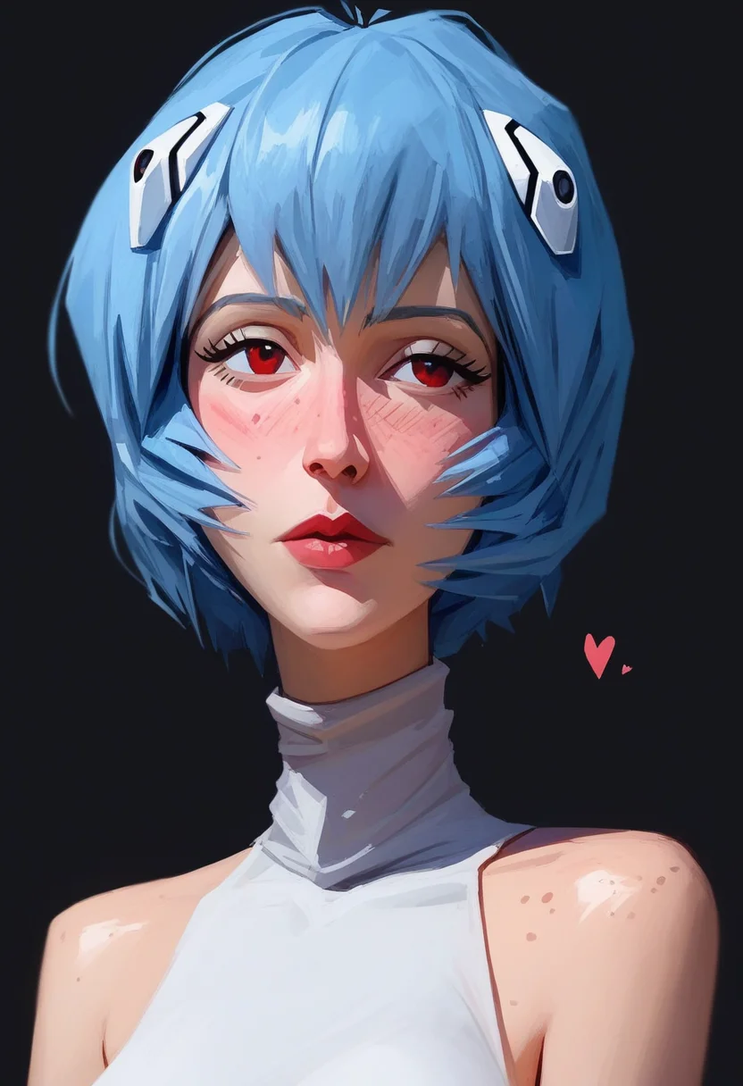(score_9, score_8_up:1.1), score_7_up,  1girl, solo, expressive, hearts, dynamic, freckles, turtleneck, bare shoulders, blush, white tulip hair ornament, looking_longingly, seductive, sexy_woman, black background  <lora:r31ayanam1XL_Pony_v1:0.8> r31ayanam1, 1girl, blue hair, red eyes, short hair <lora:alb3nizrodrigu3zv1PonySDXL:1> alb3nizrodrigu3z