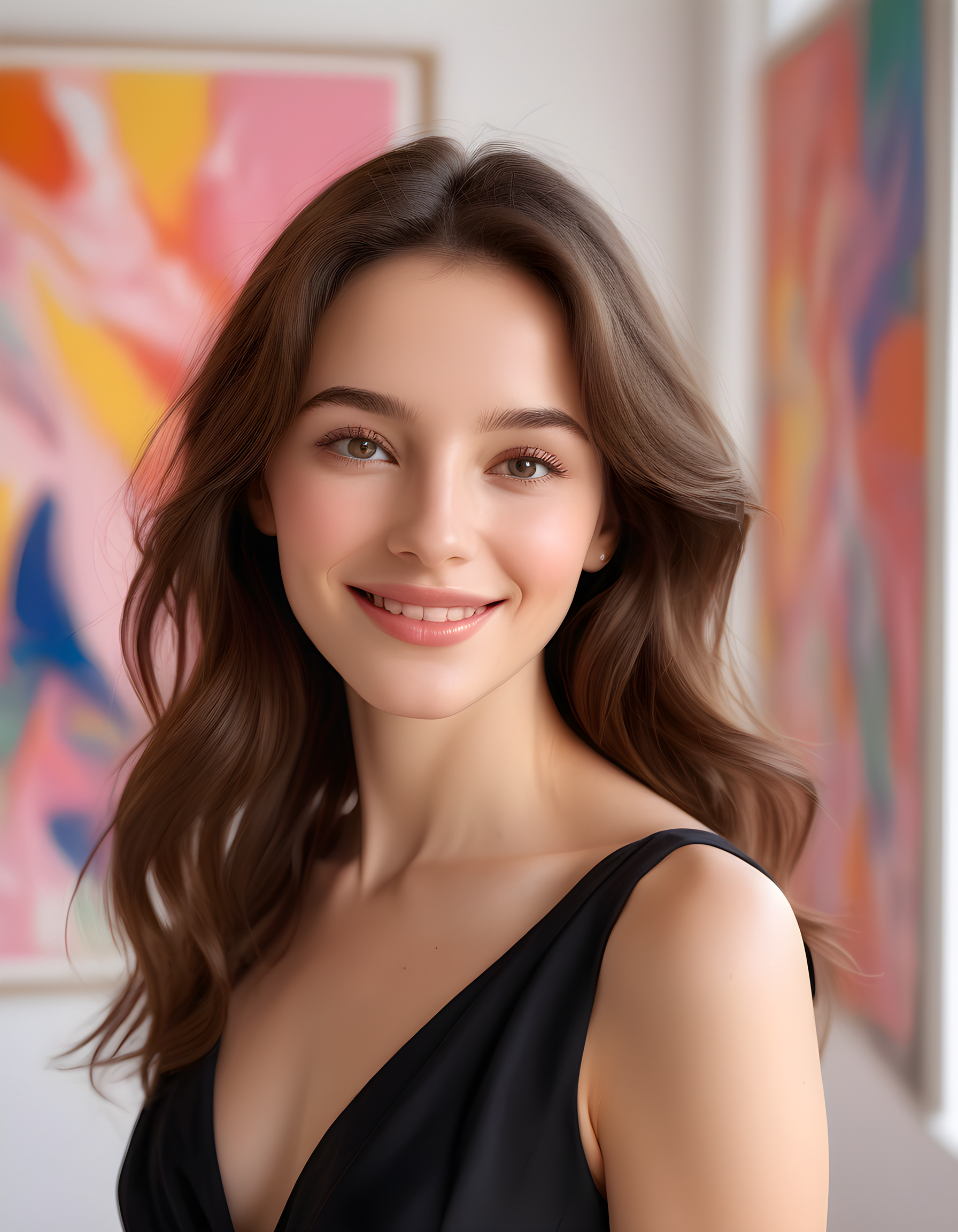 In a vibrant, sun-drenched art studio adorned with various abstract paintings and sculptures, a radiant woman named N4NCYJMM, her brown hair cascading loosely around her shoulders, poses elegantly against a white backdrop. Her eyes sparkle with warmth as she offers a captivating smile to the viewer, her lips subtly tinted with a shade of soft pink. The camera angle is slightly elevated, allowing for an intimate and engaging connection between N4NCYJMM and the viewer, as she confidently gazes back at them from her stunning, realistic portrait. The natural light streaming through the studio windows illuminates her features, casting delicate shadows that accentuate the intricate details of her outfit - a simple yet sophisticated black dress with subtle patterns that catch the light and add an air of mystery to the captivating scene.