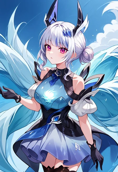 score_9, score_8_up, score_7_up, liliana _wave, 1girl, white hair, purple eyes, thighhighs, gloves, dress, black thighhighs, blue dress, hair ornament, bare shoulders, sleeveless, fox ears, multicolor hair, hair bun, bang, horn