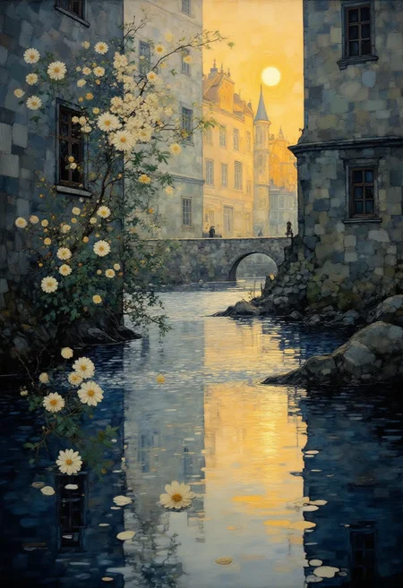 In this hauntingly beautiful impressionistic scene, a somber yet enchanting atmosphere unfolds. Gleaming sunlight kisses the serene surface of the water, casting radiant gold rays against the age-worn walls. These ancient structures appear submerged in a mysterious twilight, creating a striking juxtaposition of light and shadow.  A tender, lone white blossom drifts gently upon the undulating waves, petals softly falling as they imbue warmth within the tranquil expanse. The foreground is dominated by a shimmering stream with its mirror-like ripples dancing in harmony with the golden light. Its metallic reflections glisten against the backdrop of weathered stone walls, their faded gray hues melding seamlessly with the soft ambient illumination.  Delicate shades of silver and gray meld into a stunning canvas, adorned with splashes of vibrant white from the flower petals and the stark contrast they bring. The enveloping softness of the overall lighting is a testament to nature's quiet beauty, as the sun's rays gracefully lend an ethereal quality to the entire scene.  The composition epitomizes the melancholic elegance reminiscent of James Whistler's atmospheric works infused with symbolism's delicate poetics. This enchanting painting portrays an ode to nature's solitude and calm, transporting its viewers into a world of serene introspection.  ,<lora:Digital painting V1.safetensors:1.0> ,