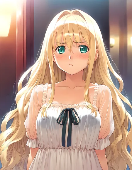 <lora:pony_xl_hortensia:0.9>,hortensia,score_9,score_8_up,score_7_up,source_anime,best quality,masterpiece,super fine illustration,1girl,solo,adorable_girl,white dress,ribbon,see-through,pout,light_blush,standing,looking_at_viewer,upper_body,front view,