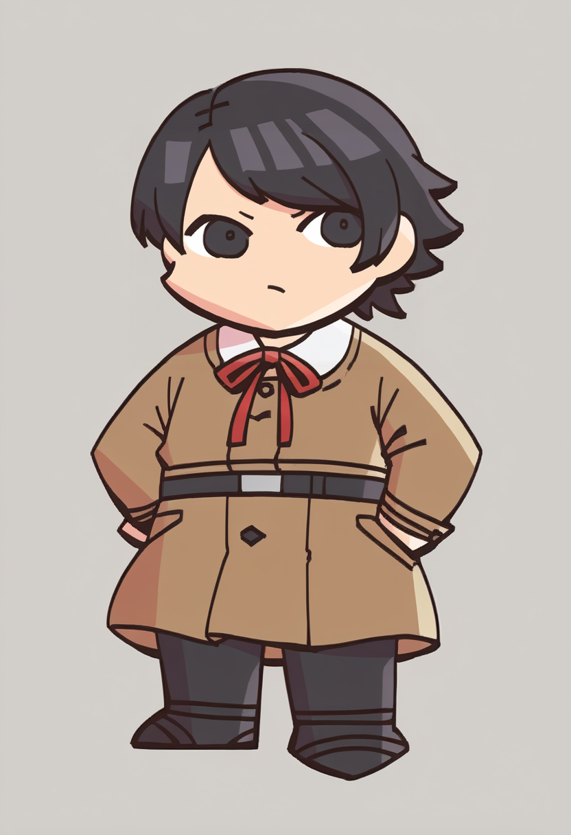 score_9, score_8_up, score_7_up, source_anime BREAK 1girl, solo,
 <lora:FEH-MTH-pdxl_Fp:1> chibi, simple background, full body
 <lora:zs_YokoXL:1> yokosmtvv, short hair, black hair, swept bangs, brown uniform, red neck ribbon, skirt, black pantyhose