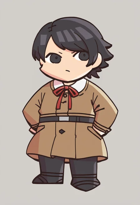 score_9, score_8_up, score_7_up, source_anime BREAK 1girl, solo,
<lora:FEH-MTH-pdxl_Fp:1> chibi, simple background, full body
<lora:zs_YokoXL:1> yokosmtvv, short hair, black hair, swept bangs, brown uniform, red neck ribbon, skirt, black pantyhose