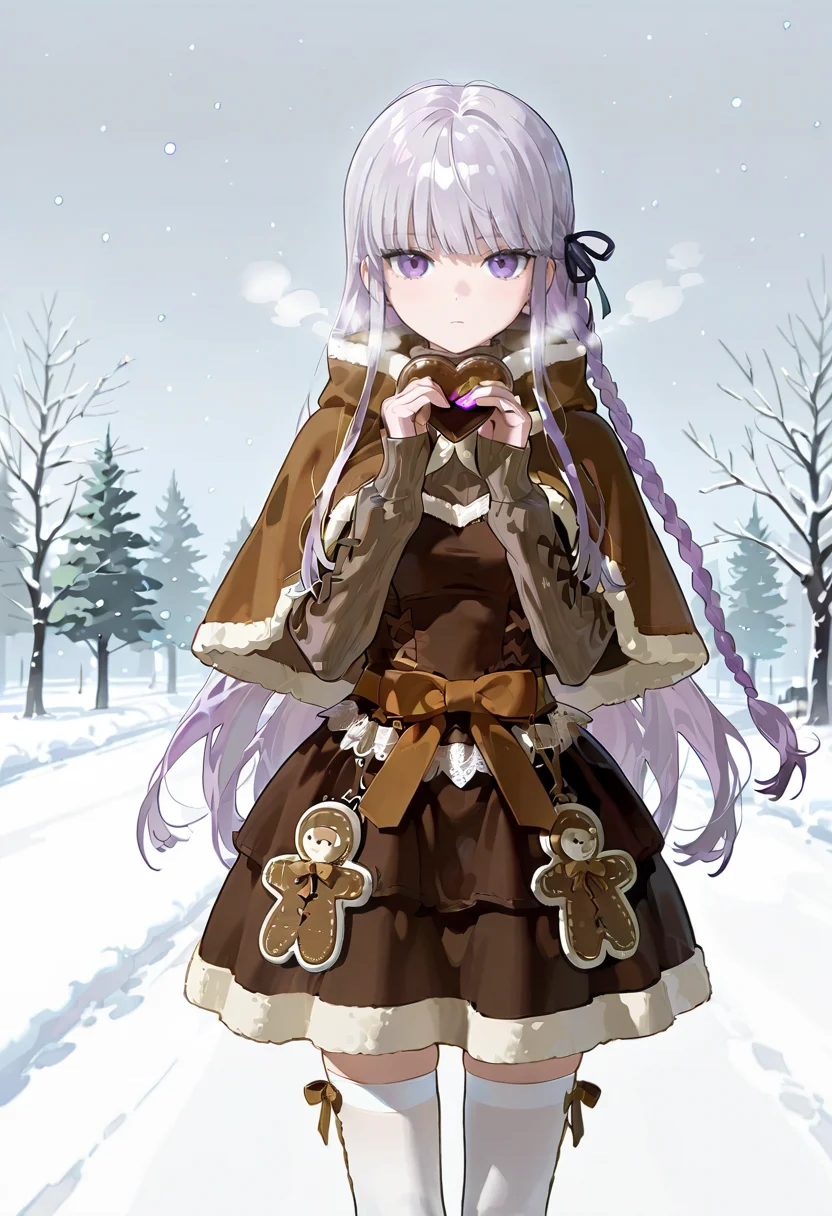 winter spice dress,brown capelet,1girl,solo,snow,snowing,kirigiri_kyoko, heart, white thighhighs,sweater,french_girly