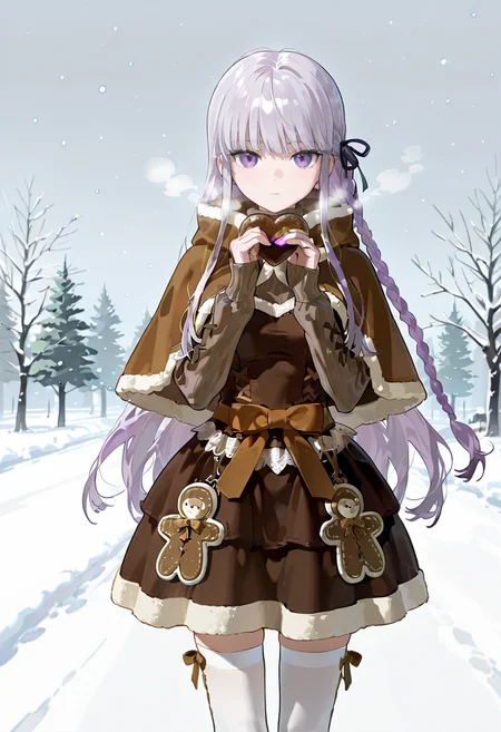 winter spice dress,brown capelet,1girl,solo,snow,snowing,kirigiri_kyoko, heart, white thighhighs,sweater,french_girly