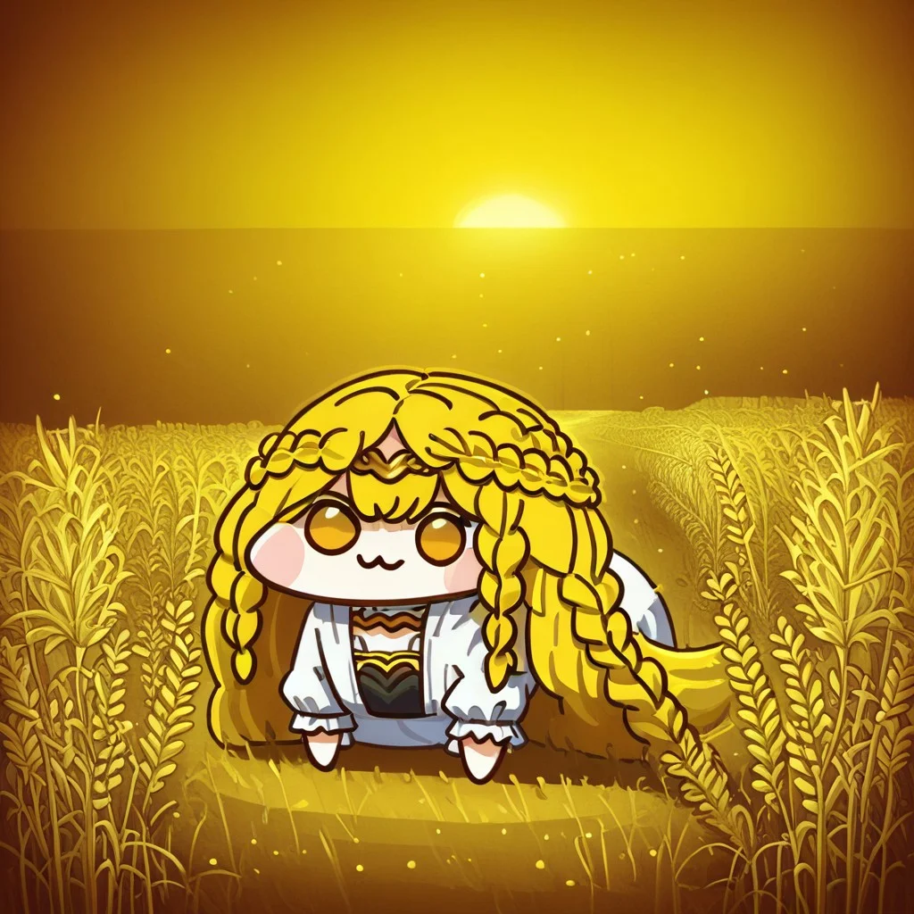 score_9, score_8_up, score_8, ais-ghostly,((1 miquella,blonde hair,cute,crown braid,multiple braids,yellow eyes,white robe,smile,closed mouth,gold armlet,circlet,kenbis, chibi,doro, creature, :3, chibi))
BREAK,
(evil looking:1.2),(wheat fields:1.2),sunflowers,tall wheat fields