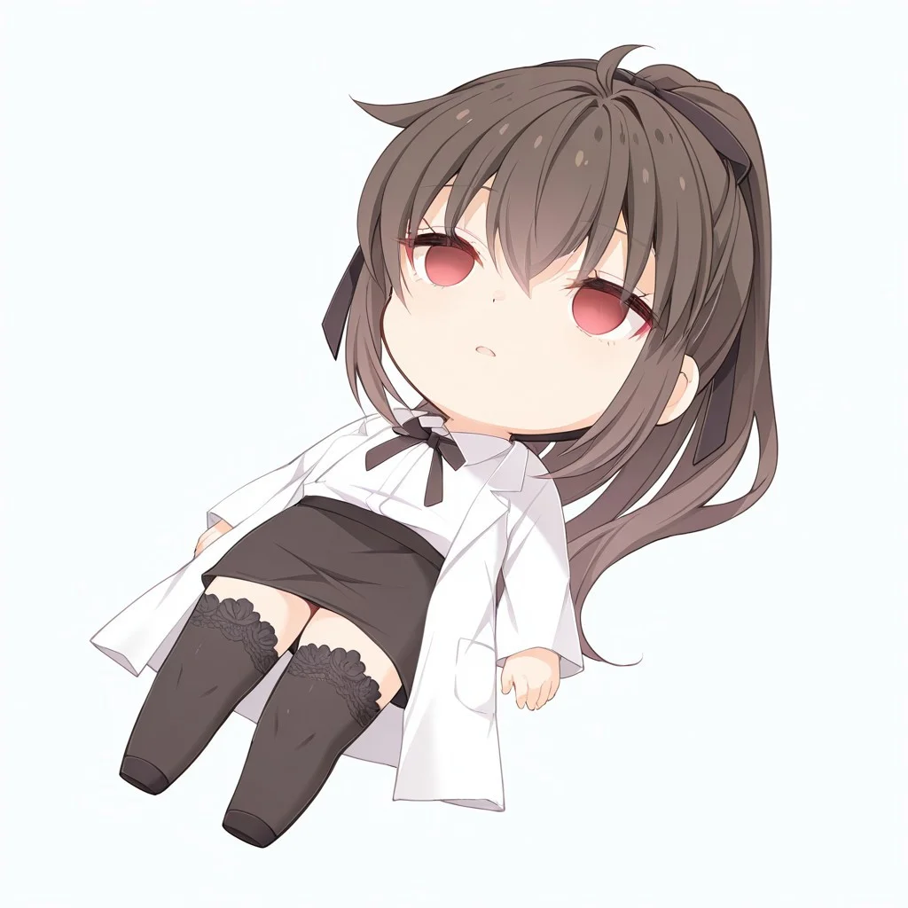 masterpiece, best quality, newest, chibi, full body, lying, on back, empty eyes, solo, 1girl, simple background, white background, UraKanna, red eyes, ponytail, long hair, brown hair, black hair ribbon, lab coat, lace-trimmed thighhighs, black thighhighs
