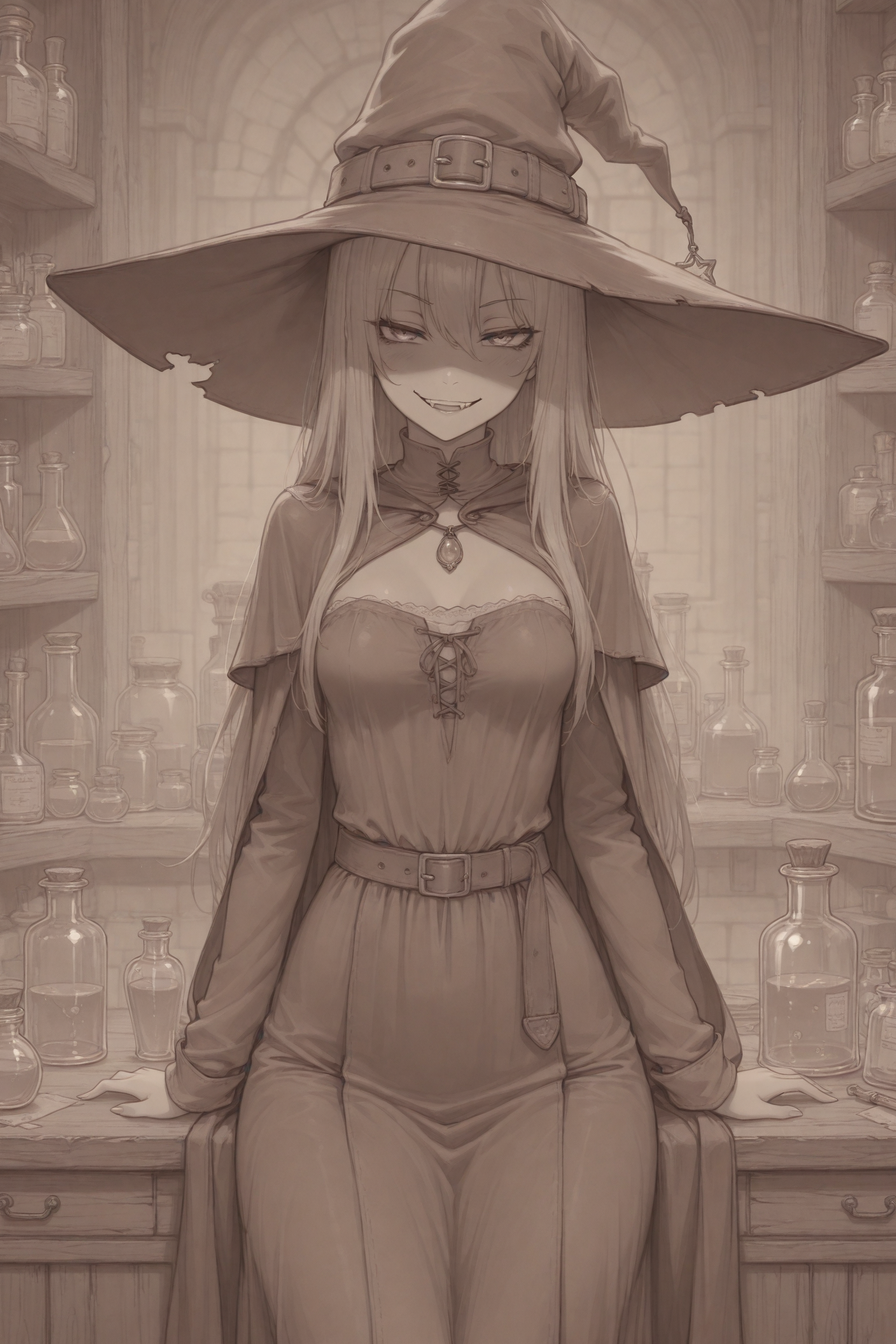 masterpiece, best quality, amazing quality, witch,  lineart, clothed, medieval laboratory, solo, small breasts, love potion, naughty face, general,