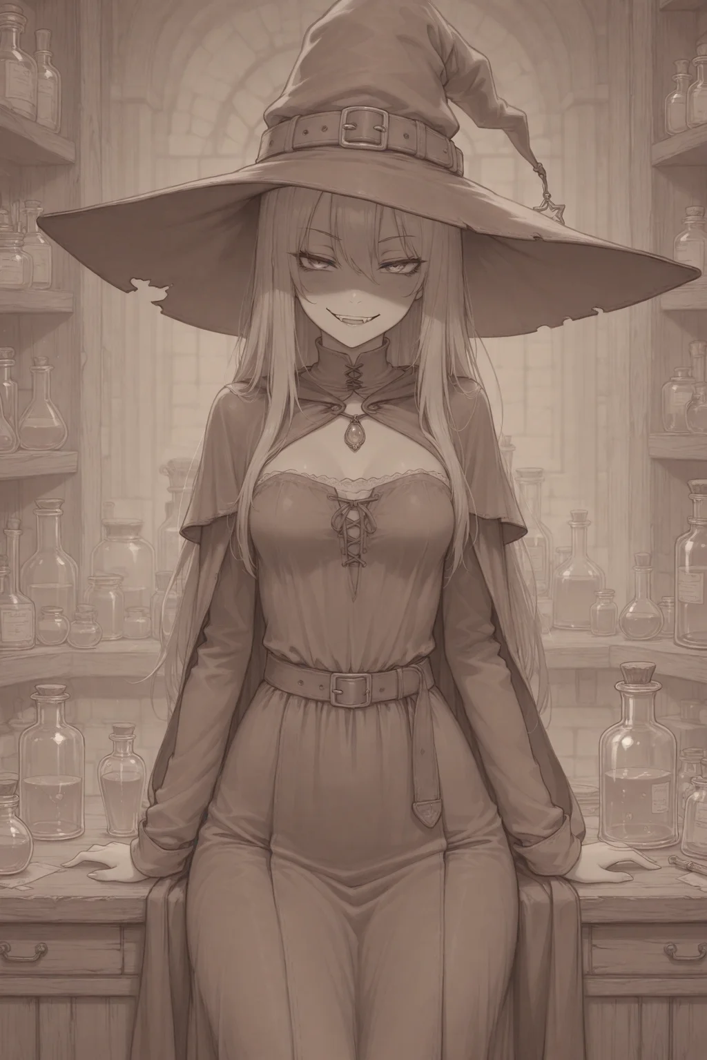 masterpiece, best quality, amazing quality, witch, lineart, clothed, medieval laboratory, solo, small breasts, love potion, naughty face, general,