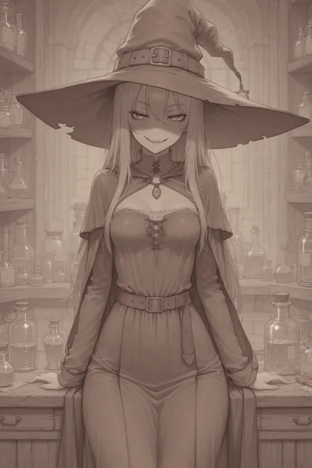 masterpiece, best quality, amazing quality, witch, lineart, clothed, medieval laboratory, solo, small breasts, love potion, naughty face, general,