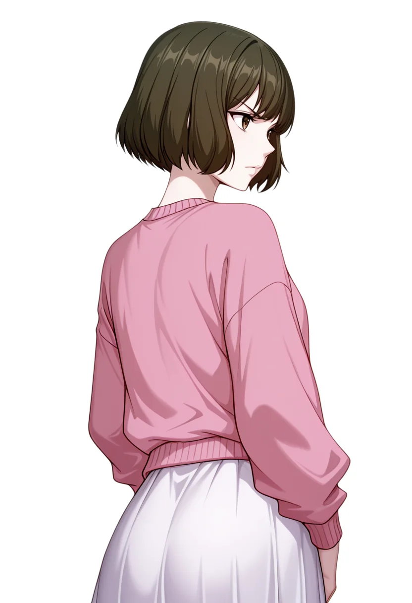 masterpiece,high quality details, absurdres,
<lora:Akira_Dojima_V2:0.8> akira_cnr,1girl, brown hair, short hair, bob cut, bangs,brown eyes, akira_def, white skirt,pink sweater,, simple background, white background, from behind,solo,, serious,v-shaped eyebrows,
