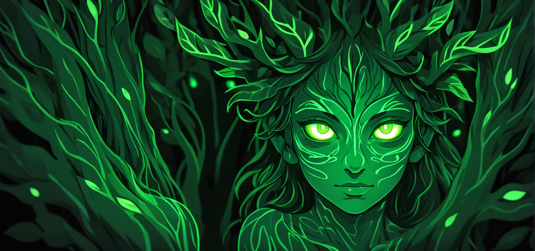 macro shot of a glowing forest spirit,leafy appendages outlined with veins of light,eyes a deep,enigmatic glow amidst the foliage., Ink Illustration, bold lines, flat design, solid colors, clean lines