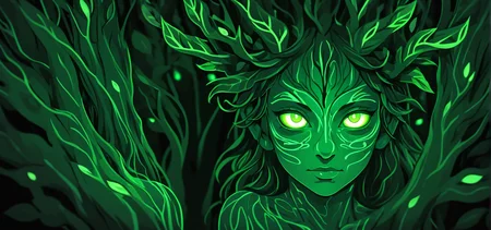 macro shot of a glowing forest spirit,leafy appendages outlined with veins of light,eyes a deep,enigmatic glow amidst the foliage., Ink Illustration, bold lines, flat design, solid colors, clean lines