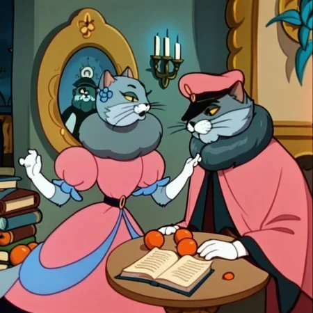 score_9,score_8,score_7, russian_cat_lady, the_cat_koshkin_dom, koshkin_dom, russian blue, cat girl, hat, book, dress, candle, food, cat, table, fruit, flower, 1boy, tail, 1girl, pink dress