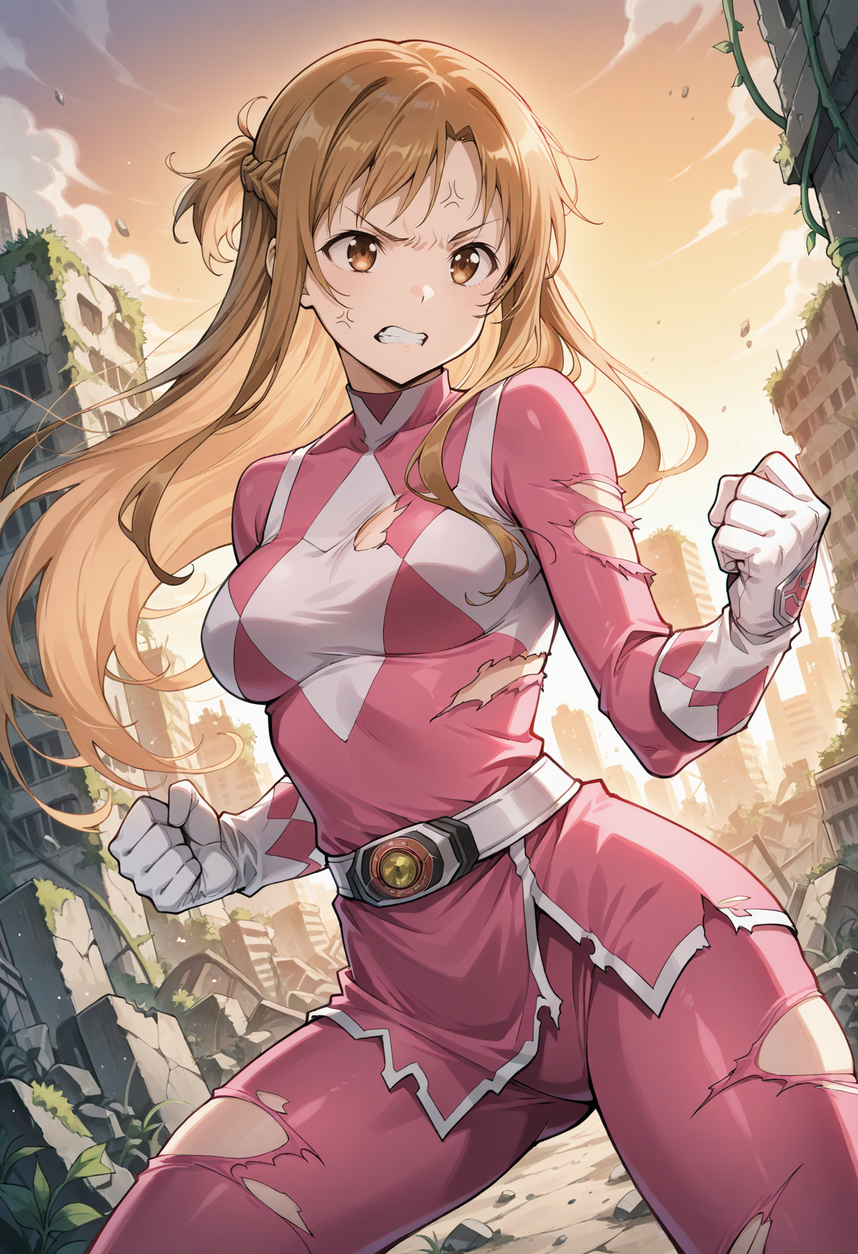 masterpiece, best quality, 1girl, solo, aaasuna, long hair, brown hair, braid, pink power ranger, pink bodysuit, white gloves, ruins, (overgrown), (post-apocalypse), fighting stance, cowboy shot, brown eyes, outdoors, sunset, rubble, vines, legs apart, looking ahead, (torn clothes:1.3), torn bodysuit, dutch angle, clenched hands, fists, angry, anger vein, frown, raised eyebrow, glaring, clenched teeth