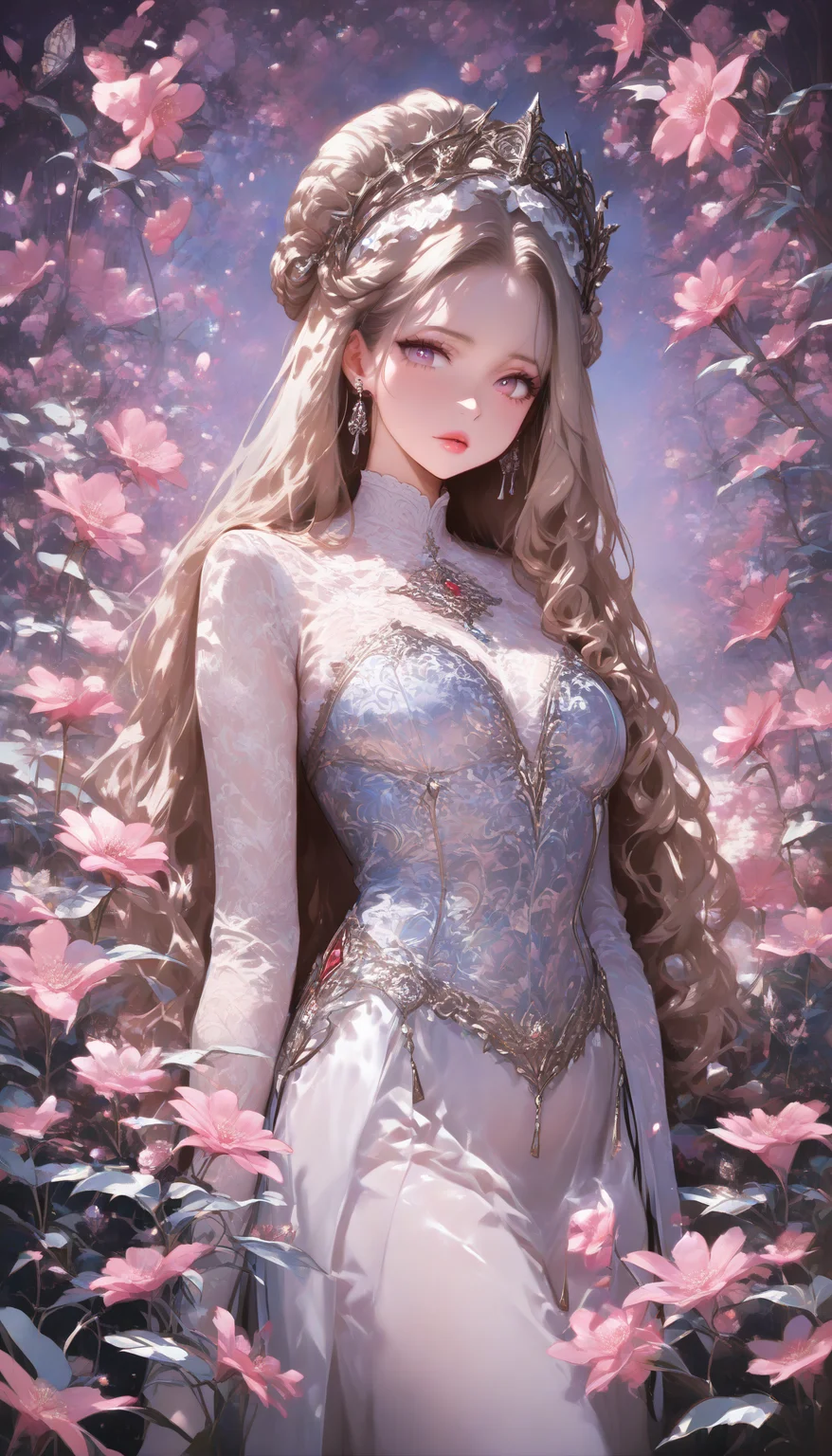 neonpunk style masterpiece,high score,great score,absurdres, <lora:Alice Prin_Complete:1>,Alice Prin (style, hair, dress, alice, prin), ., Naerys had the Targaryen looks, a fine and delicate beauty, almost unworldy. She was slender and small, with big deep violet in hue eyes and fine, pale, porcelain skin, near translucent. Naerys Targaryen. . cyberpunk, vaporwave, neon, vibes, vibrant, stunningly beautiful, crisp, detailed, sleek, ultramodern, magenta highlights, dark purple shadows, high contrast, cinematic, ultra detailed, intricate, professional