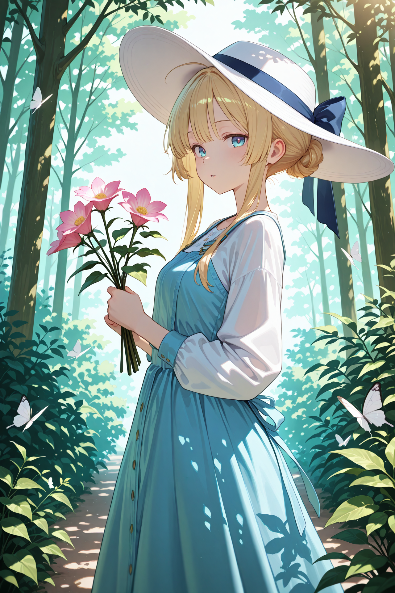 1girl, 
scenery, (dappled sunlight:1.2), rim light, backlit, dramatic shadow, blonde hair, blue eyes, shiny eyes, white dress, forest, flowers, white butterfly, dress, hat, illustrious style no perch \(meme\), holding flower, tree, butterfly, solo, sunlight, holding, day, sundress, white headwear, from side, parted lips, standing, long sleeves, looking at viewer, bug, short hair with long locks, sidelighting, nature, outdoors, meme,
A young girl in a garden. she is wearing a blue dress and a white hat with a wide brim. the girl has blonde hair and blue eyes and is holding a bouquet of pink flowers in her hand. she appears to be deep in thought, with her head tilted back and her eyes closed. the background is filled with greenery and trees, and there are small white butterflies fluttering around her. the overall mood of the image is peaceful and serene.
newest
 <lora:IllustriousTweakerLora_v5-215c4:0.7>