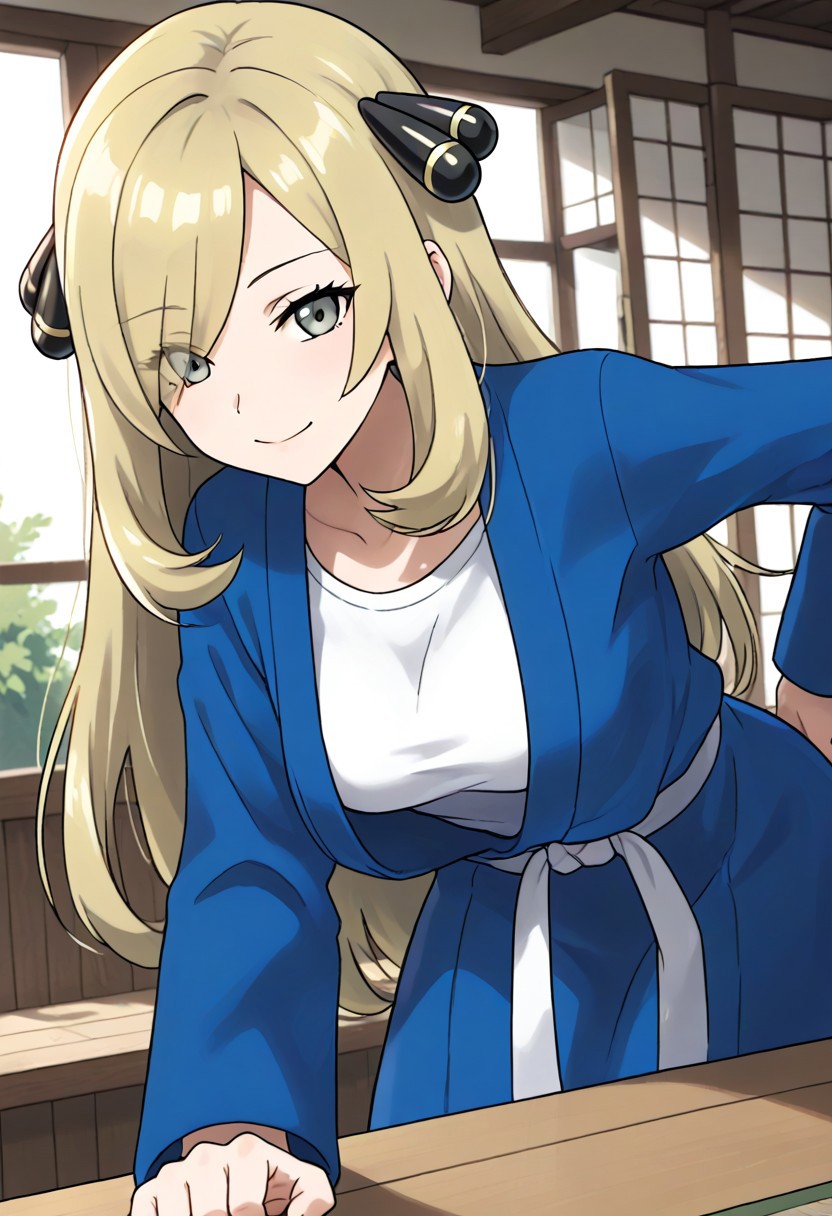 2d, masterpiece, best quality, amazing quality, 1girl, solo, close-up, standing, smile, upper body, leaning_forward, looking at viewer, dojo,  (mature female, adult body, grown up, aged up), medium breasts, cynthia \(pokemon\), grey eyes, blonde hair, long hair, hair over one eye, dougi, white shirt, blue jacket, long sleeves, white sash, blue pants,  score_9, score_8_up, score_7_up,source_anime