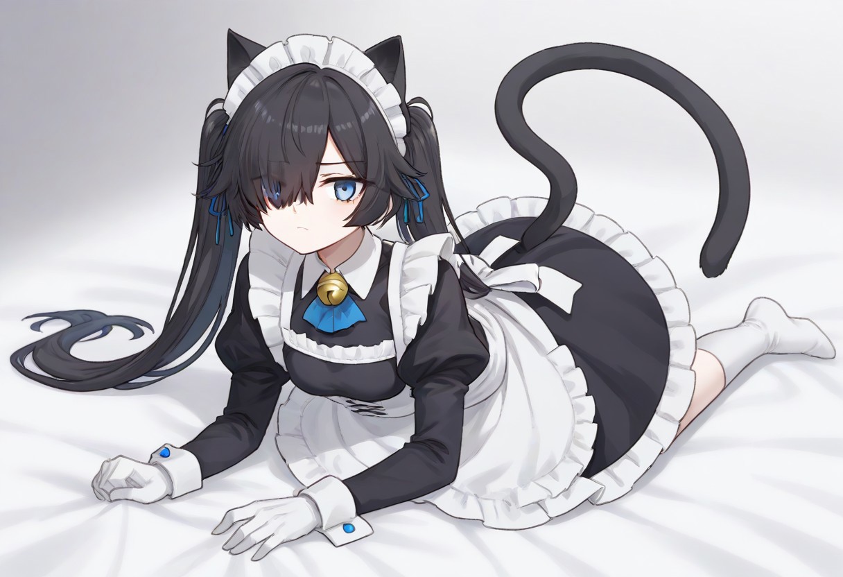(Maid-kasli), solo, white gloves, dress, hair over one eye, maid apron, blue eyes, twintails, cat ears, maid headdress, maid, gloves, 1girl, apron, juliet sleeves, long sleeves, long hair, black hair, animal ears, bell,(Fall down),