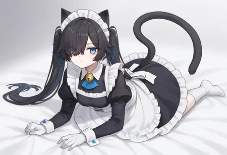 (Maid-kasli), solo, white gloves, dress, hair over one eye, maid apron, blue eyes, twintails, cat ears, maid headdress, maid, gloves, 1girl, apron, juliet sleeves, long sleeves, long hair, black hair, animal ears, bell,(Fall down),