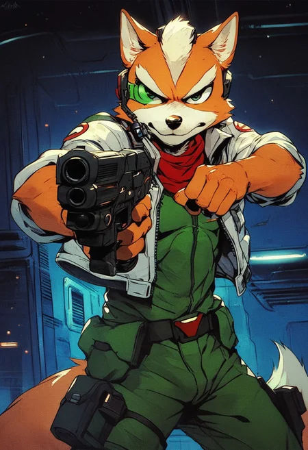 score_9, score_8, score_7, score_6, 1boy, solo, knva, halftone effect, science fiction, Fox mccloud, anthro furry, furry male, spaceship, dynamic pose, (((gun, sci-fi gun)))