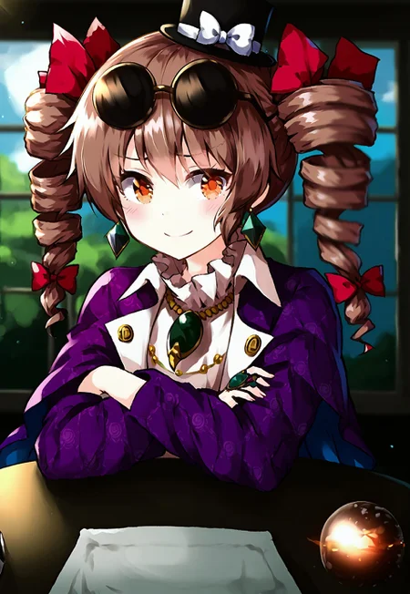 yorigami_jo'on,1girl,solo,purple coat,open clothes,white dress,red ribbon,floral print,high collar,purple jacket,brown hair,(twin_drills:1.2),(drill_hair:1.2),detailed face,orange eyes,eyewear_on_head,sunglasses,earrings,hat,bow,top_hat,jewelry,pendant,necklace,buckle,ring,bracelet,round_eyewear,(shy:1.7),(nervous smile:1.3),(blushing:1.1),(embarrassed:0.7),(facing down shyly:1.3),(playful yet uncomfortable expression:0.9),(head tilted clockwise:1.3),(head slightly tilted:1.3),(furrowed brows:1.4),(mouth open with smile:1.1),(looking at the camera:1.6),(facing camera:0.8),natural pose,(character's left shoulder closer:1.3),(shoulders slightly hunched:1.2),(slight shoulder shrug:1.4),(arms resting on table:1.8),(hands resting firmly on table:1.6),(no hand movement:1.3),(crossed arms on table:1.6),body leaning slightly forward,(sliding doors:1.4),Japanese-style temple,vibrant flower garden,colorful flowers outside,temple room with sliding doors half-open,other distant Japanese buildings blurred,dark pre-dawn landscape,(pre-dawn light:1.4),(dim natural lighting:1.4),sunlight on face,(light entering from left:1.5),(subtle shadows:1.2),(early morning atmosphere:1.7),(high contrast:1.4),(cool lighting:1.6),(noir photography:1.3),(thick paint style:1.4),tranquil,(vivid colors:1.3),highly detailed shadows,masterpiece,(best quality:1.2),(very aesthetic:1.2),intricate details,(Depth of field:1.5), (blurred temples in background:0.8),(hdr:1.5),(cinematic lighting:1.5),(ray light:1.5)