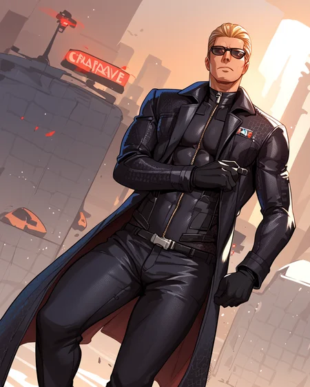 score_9, score_8_up, score_7_up, score_6_up, source_anime, rating_explicit, ah1, best quality, (masterpiece:1.4), (high quality:1.4), sharp focus, 4k, absurd resolution, <lora:albertwesker-guy-PONYv1:1> albertwesker, albert wesker, 1boy, solo, blonde, black gloves, sunglasses, belt, pants, long coat, trench coat, black coat, black pants, highly detailed, highres, extremely detailed, looking at viewer, toned, athletic, fit, slicked back hair, black turtleneck, zipper, mature male, (graphene textured clothes:1.7), (Leaning Into The Arm:1.5), (in In a lively urban park with the CN Tower in the background), (Dutch Angle (from the side) view medium Close shot (focus on feet))
