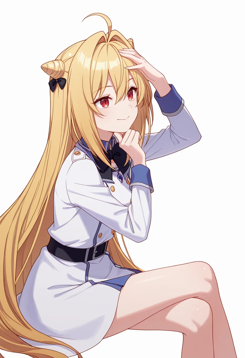 Smooth Quality,masterpiece,very intricate, high quality details, ultra realistic, high detailed skin,detailed enviorement,absurdres,
Hand on own forehead,
 <lora:Terakomari_Gandesblood_CNR:0.8> 
terakomari_cnr, 1girl,blonde hair, very long hair,cone hair bun, double bun,ahoge, hair between eyes, hair intakes, red eyes,black bow,, simple background, white background, from behind,
sitting, legs crossed, hand on chin, smiling, relaxed,  ,, d:,, double-breasted jacket,  ,tunic,  ,suspender skirt,  ,