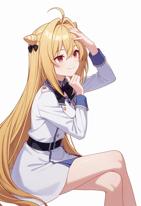 Smooth Quality,masterpiece,very intricate, high quality details, ultra realistic, high detailed skin,detailed enviorement,absurdres,
Hand on own forehead,
<lora:Terakomari_Gandesblood_CNR:0.8>
terakomari_cnr, 1girl,blonde hair, very long hair,cone hair bun, double bun,ahoge, hair between eyes, hair intakes, red eyes,black bow,, simple background, white background, from behind,
sitting, legs crossed, hand on chin, smiling, relaxed, ,, d:,, double-breasted jacket, ,tunic, ,suspender skirt, ,