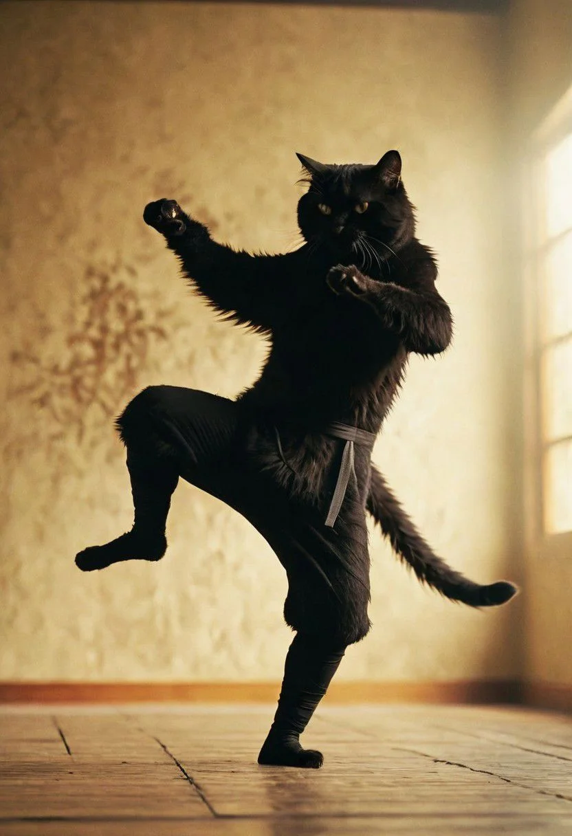 orange/black fluffy cat ninja, drunken fist, fight stance, high kick, split,
very detailed, atmospheric haze, Film grain, cinematic film still, shallow depth of field, highly detailed, high budget, cinemascope, moody, epic, OverallDetail, gorgeous, 2000s vintage RAW photo, photorealistic, candid camera, color graded cinematic, eye catchlights, atmospheric lighting, skin pores, imperfections, natural, shallow dofintricate, elegant, fantasy art, portrait, dark, retro, ecstatic, plain, powerful, realistic, profoundly red dark color