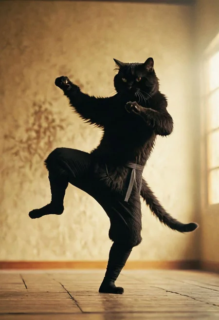 orange/black fluffy cat ninja, drunken fist, fight stance, high kick, split,
very detailed, atmospheric haze, Film grain, cinematic film still, shallow depth of field, highly detailed, high budget, cinemascope, moody, epic, OverallDetail, gorgeous, 2000s vintage RAW photo, photorealistic, candid camera, color graded cinematic, eye catchlights, atmospheric lighting, skin pores, imperfections, natural, shallow dofintricate, elegant, fantasy art, portrait, dark, retro, ecstatic, plain, powerful, realistic, profoundly red dark color