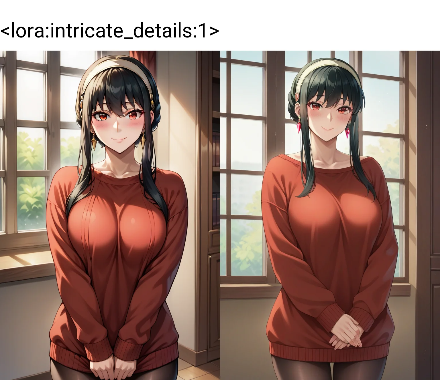 score_9, score_8_up, score_7_up , solo, 1girl, yor briar, spy x family, standing, cowboy shot, looking at viewer, smile, light blush, red sweater, long sweater, black hair, sidelocks, earrings, hair band, black pantyhose, long sleeves, room, v arms, window, indoors, <lora:intricate_details:1> intricate detailsxl, intricate details, many details, high detailed, more details, detailed