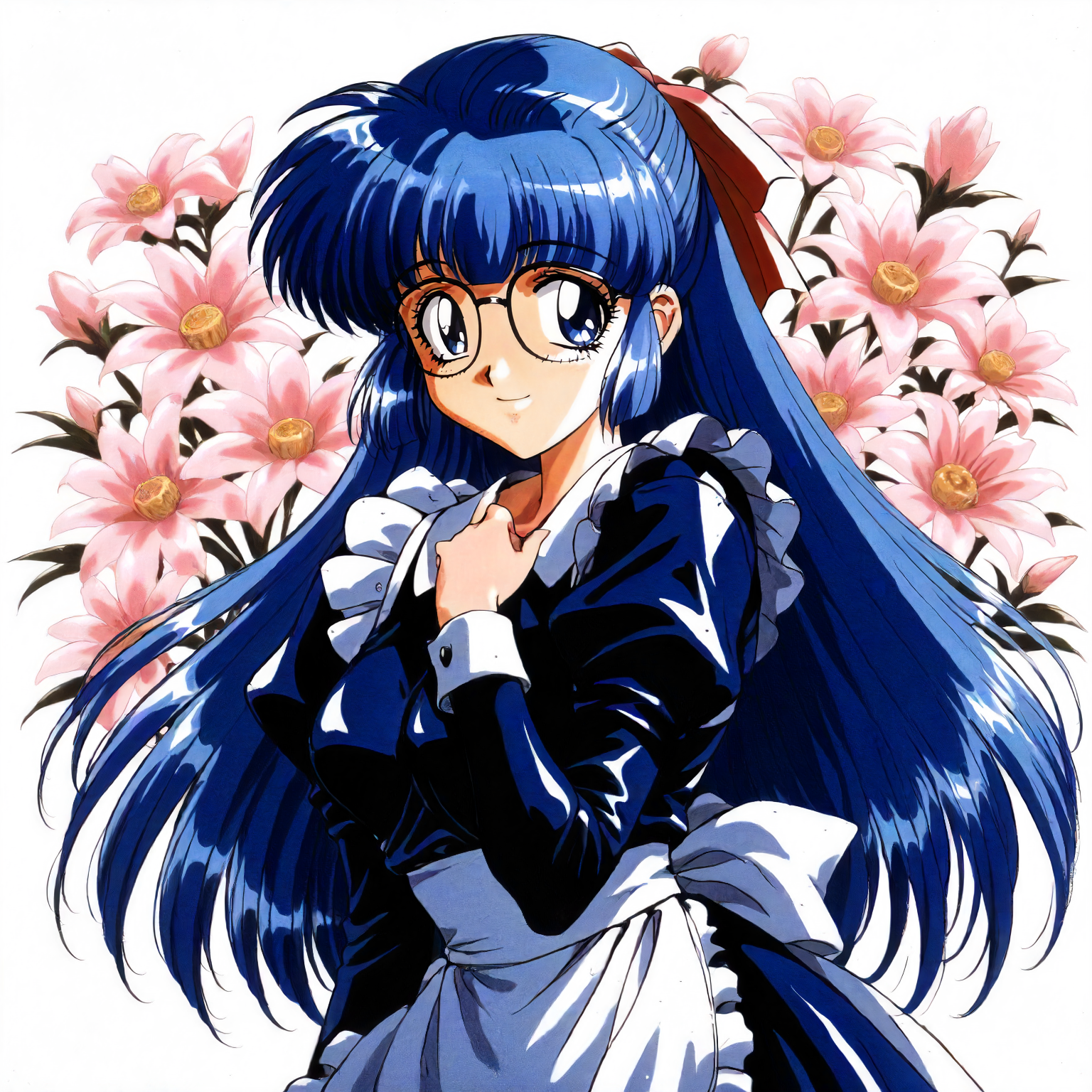 <lora:RC_maria_custardXLanimagine001>,
masterpiece,high score,great score,absurdres,
flower background,glitter,
smile,
looking at viewer,
solo,
anime coloring,retro artstyle,1990s (style),
maria_custard\(rance_series\),1girl,blue hair,half updo,hair ribbon,long hair,blue eyes,glasses,
cowboy shot,standing,
maid,